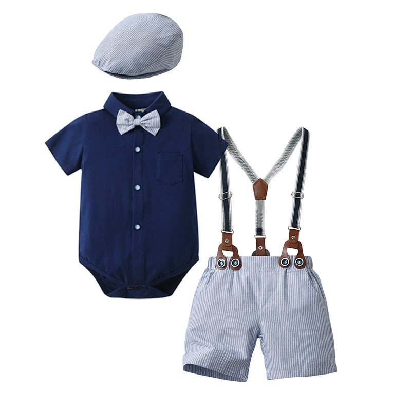 Summer Boys Gentleman Clothes Outfits Short Sleeve Romper and Suspender Shorts Hat 3 Pcs Set Toddler Boys Clothing Sets