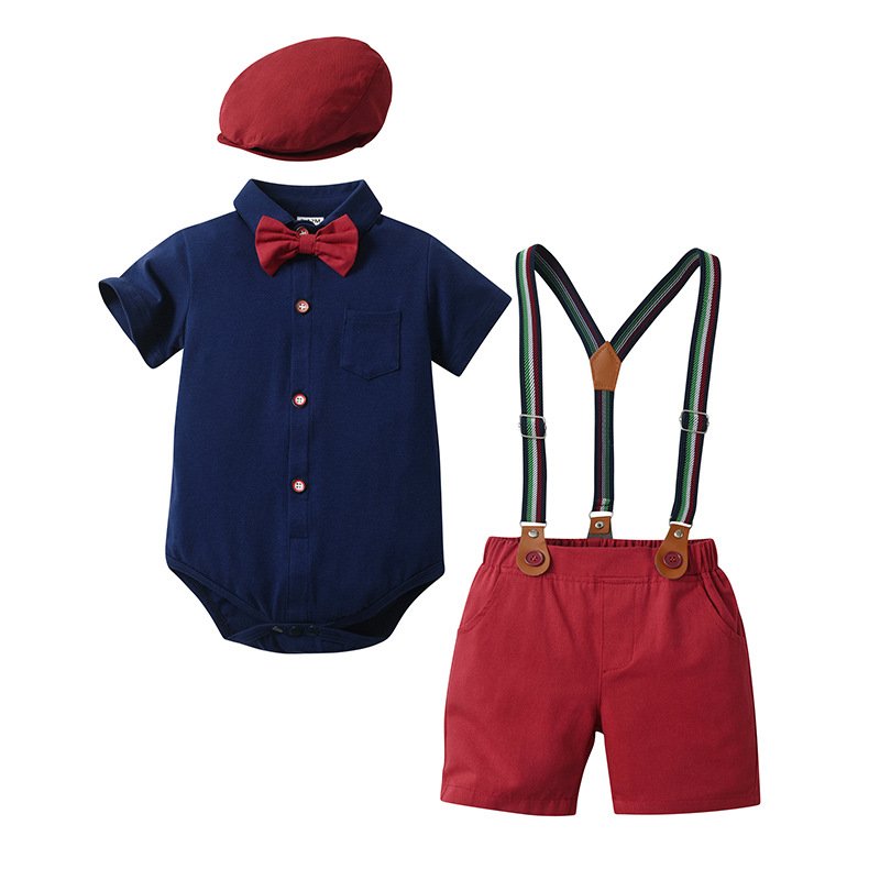 Summer Boys Gentleman Clothes Outfits Short Sleeve Romper and Suspender Shorts Hat 3 Pcs Set Toddler Boys Clothing Sets
