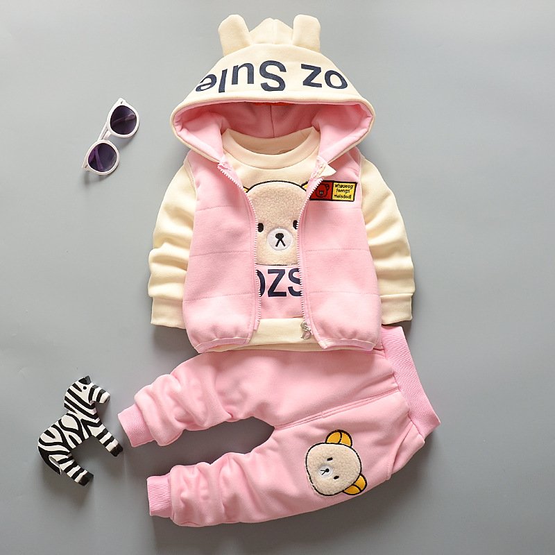 Girls' Spring and Autumn Three Piece Set Baby 0-3 Year Old Children Autumn and Winter Plush Set