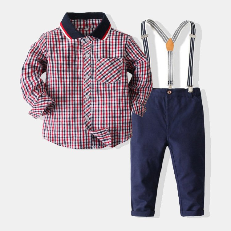 Wholesale Summer New Baby Gentleman Clothing Set Long Sleeve Plaid Shirt Suspender Jeans Boy Clothing Sets
