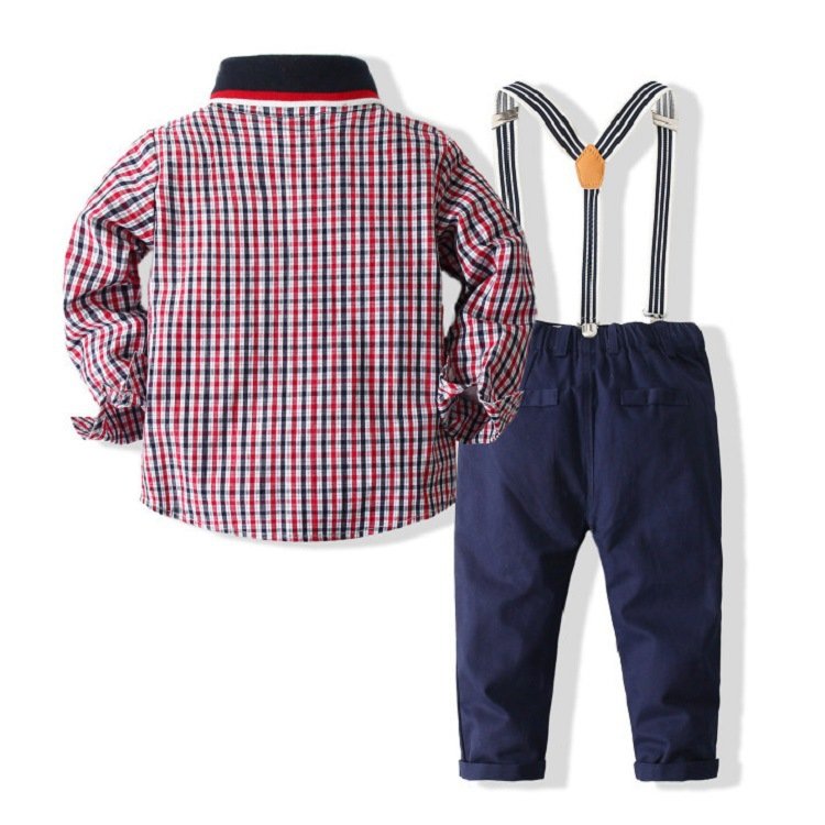 Wholesale Summer New Baby Gentleman Clothing Set Long Sleeve Plaid Shirt Suspender Jeans Boy Clothing Sets