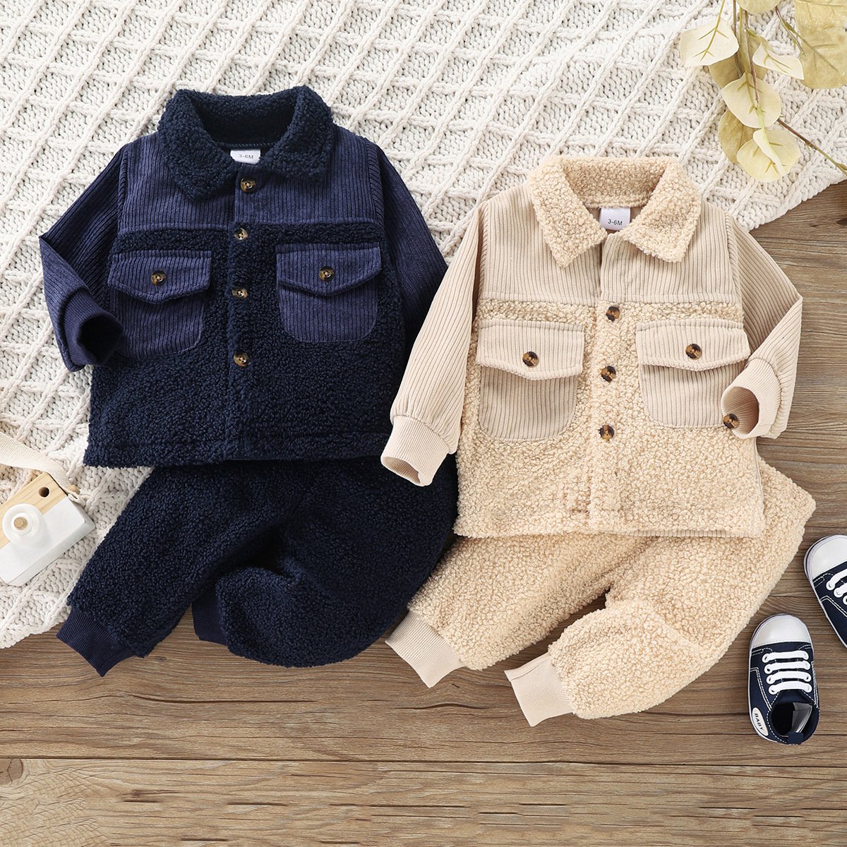 Keep warm boy clothes 2 piece set solid polar fleece kids winter boys clothing sets