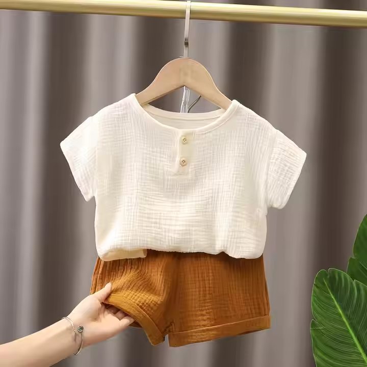 summer baby boy outfits 100% cotton light breathable suit infant solid color smocked kids clothes sets