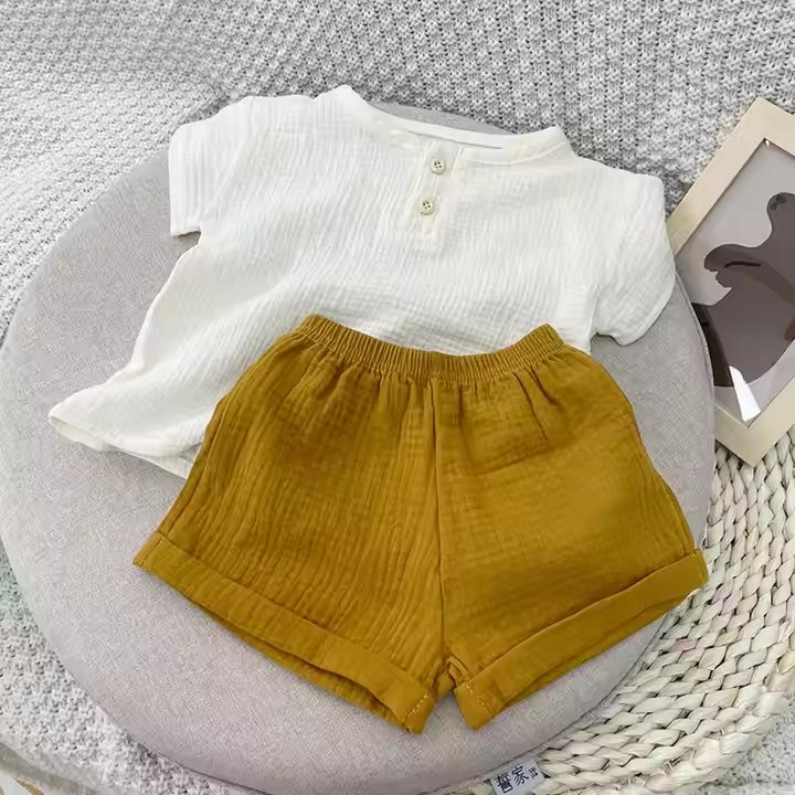summer baby boy outfits 100% cotton light breathable suit infant solid color smocked kids clothes sets