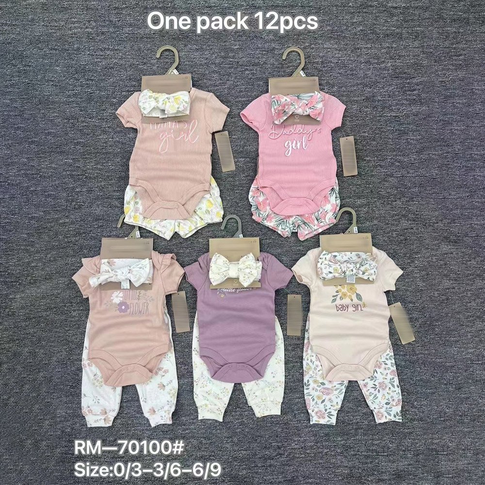 Boutique Hot Sale Summer Girl 3pcs Clothing Set Short Sleeve Solid Color Romper+Shorts And Hairband For New Born Baby