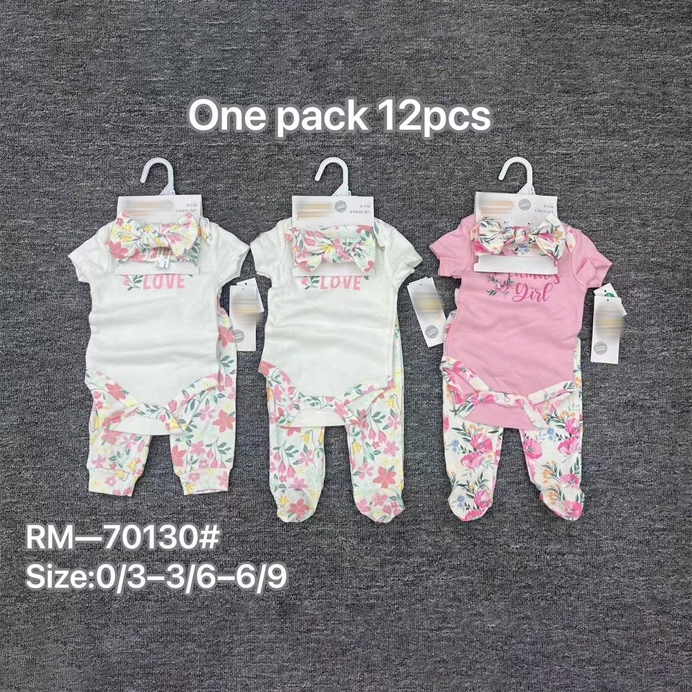 Boutique Hot Sale Summer Girl 3pcs Clothing Set Short Sleeve Solid Color Romper+Shorts And Hairband For New Born Baby