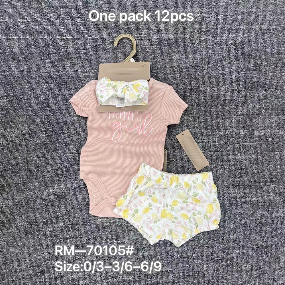 Boutique Hot Sale Summer Girl 3pcs Clothing Set Short Sleeve Solid Color Romper+Shorts And Hairband For New Born Baby