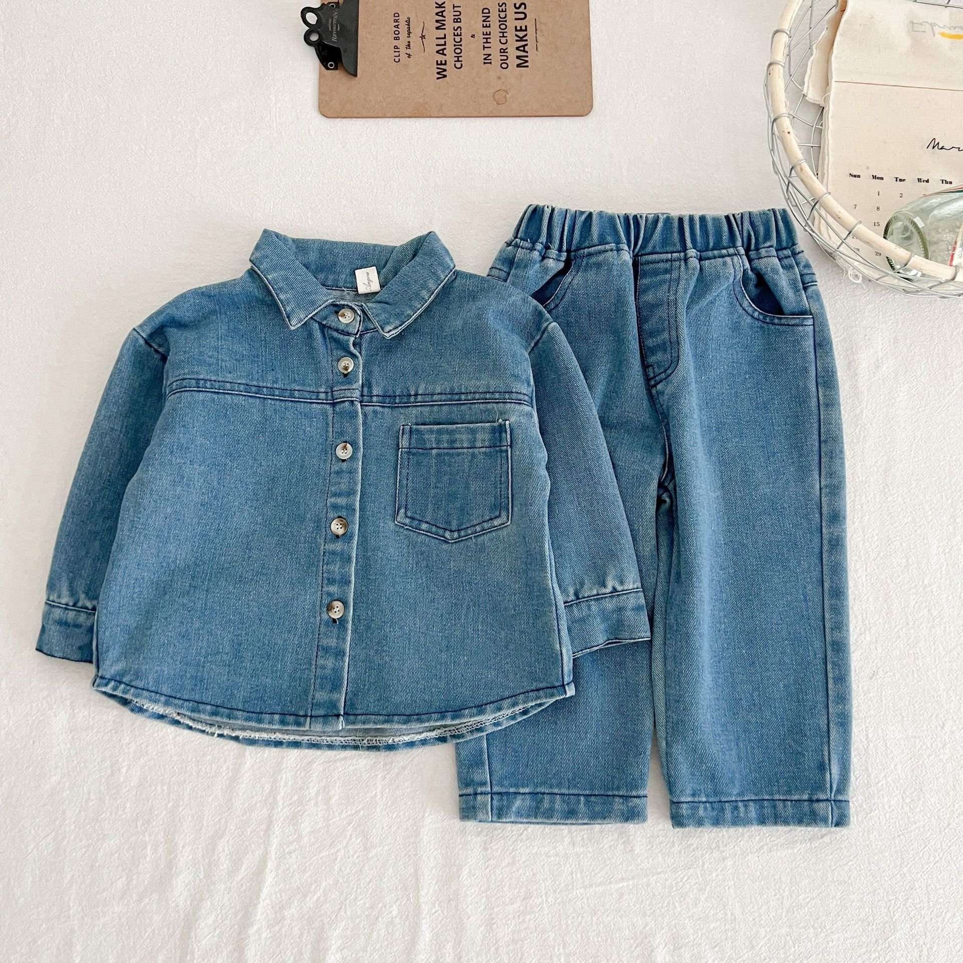 Autumn Kids New Denim Clothing Set Boys Girls Long-sleeved Shirt Jeans Trousers Two-piece Set Baby Denim Outfit