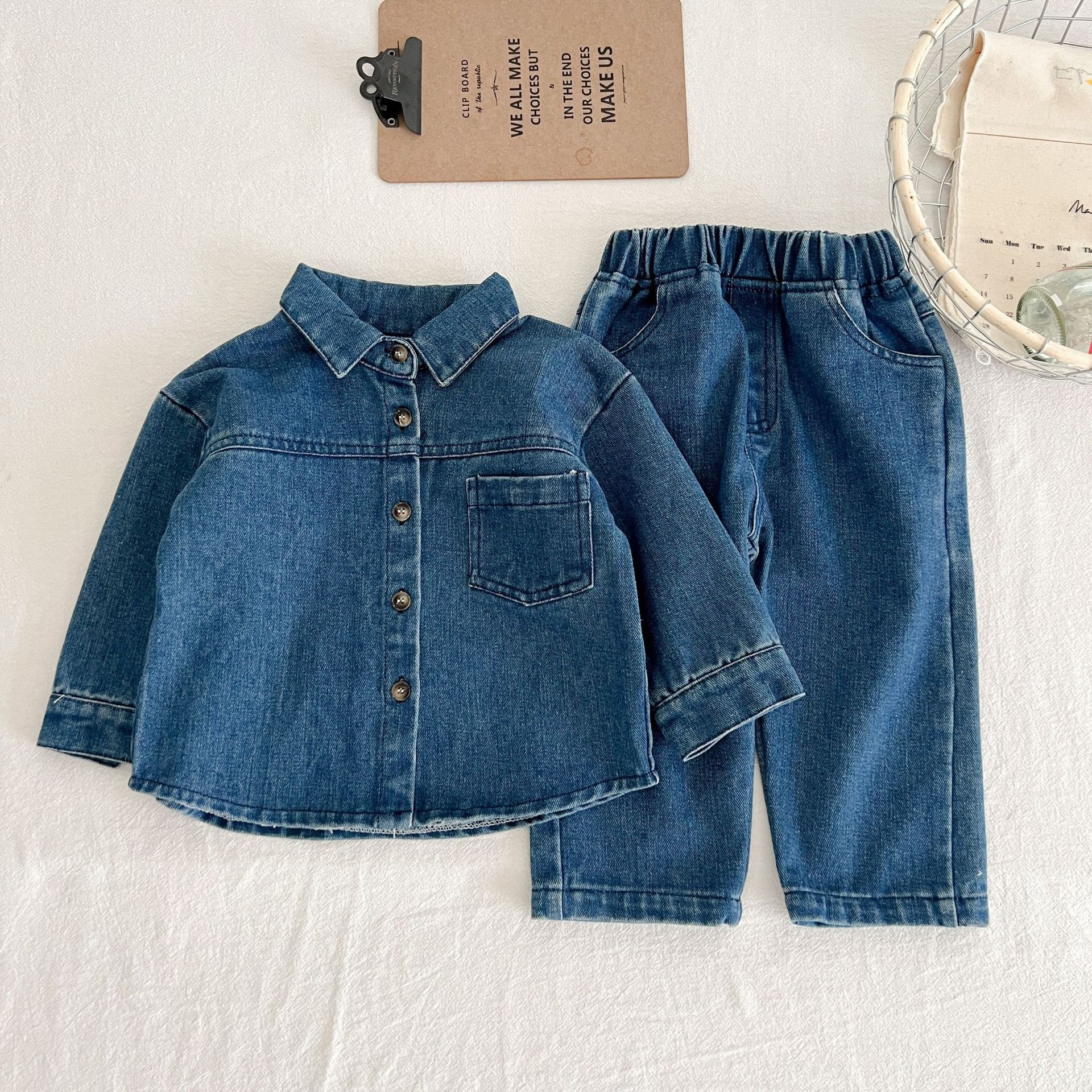 Autumn Kids New Denim Clothing Set Boys Girls Long-sleeved Shirt Jeans Trousers Two-piece Set Baby Denim Outfit