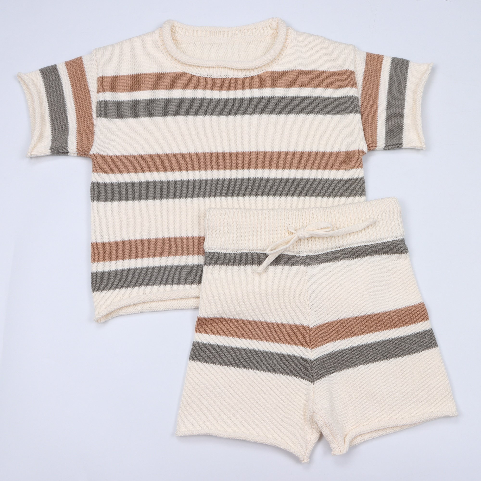 Custom Knitted Two-Color Block Striped Knitted Baby Sweaters Unisex Short-Sleeved Chunky Cotton Toddler Baby Boys Clothing Set