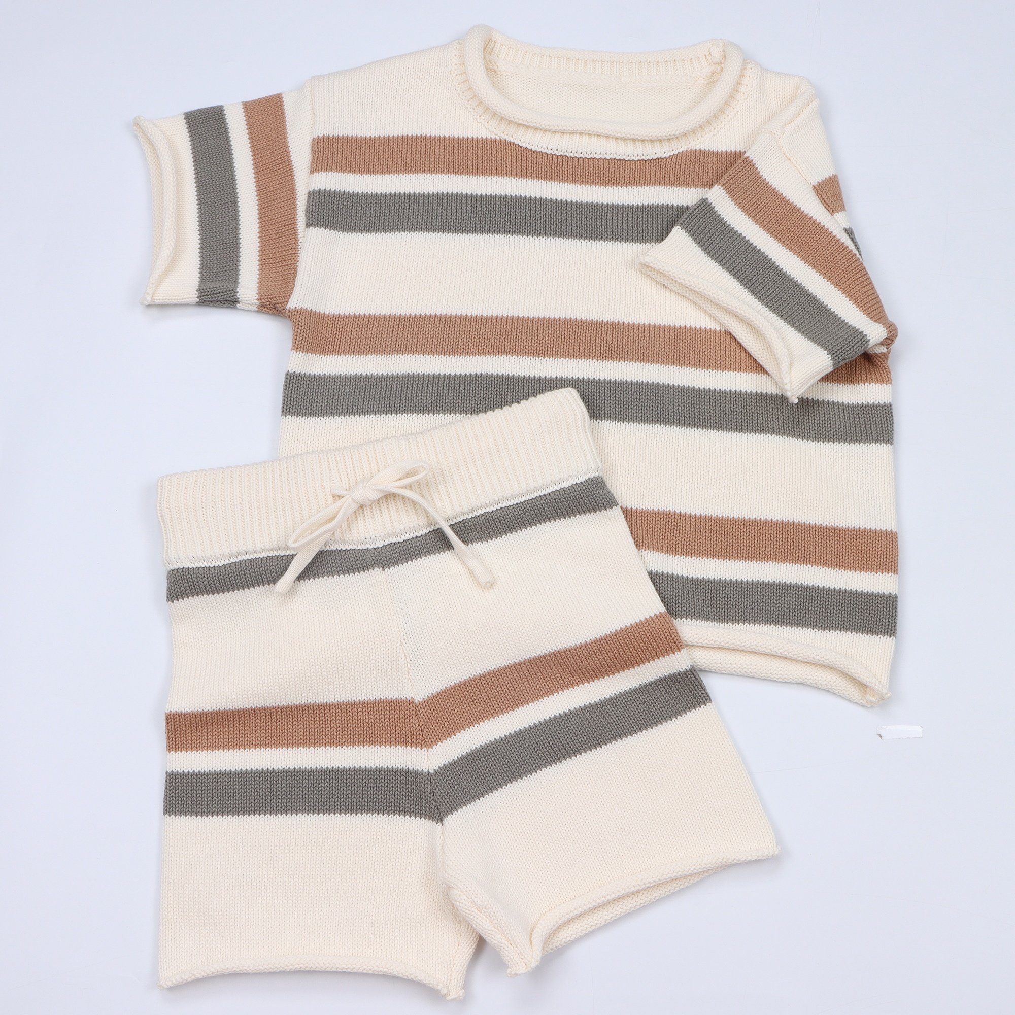 Custom Knitted Two-Color Block Striped Knitted Baby Sweaters Unisex Short-Sleeved Chunky Cotton Toddler Baby Boys Clothing Set