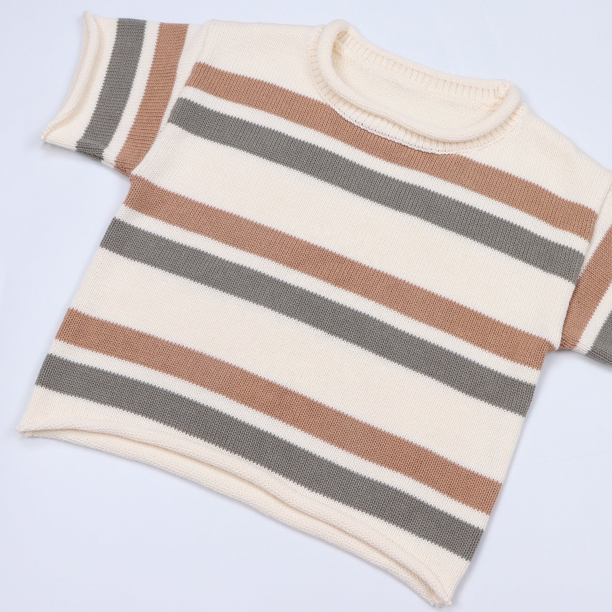 Custom Knitted Two-Color Block Striped Knitted Baby Sweaters Unisex Short-Sleeved Chunky Cotton Toddler Baby Boys Clothing Set