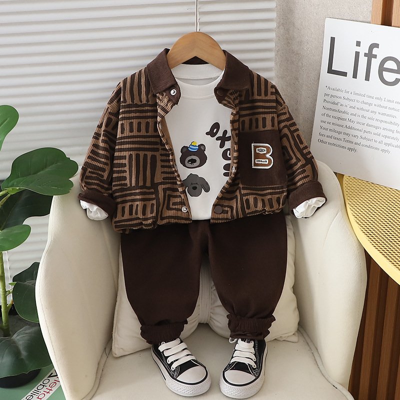 2024 Kids Stylish Spring Autumn Corduroy Outfits 3pcs Printed Fashion Boys Clothing Sets