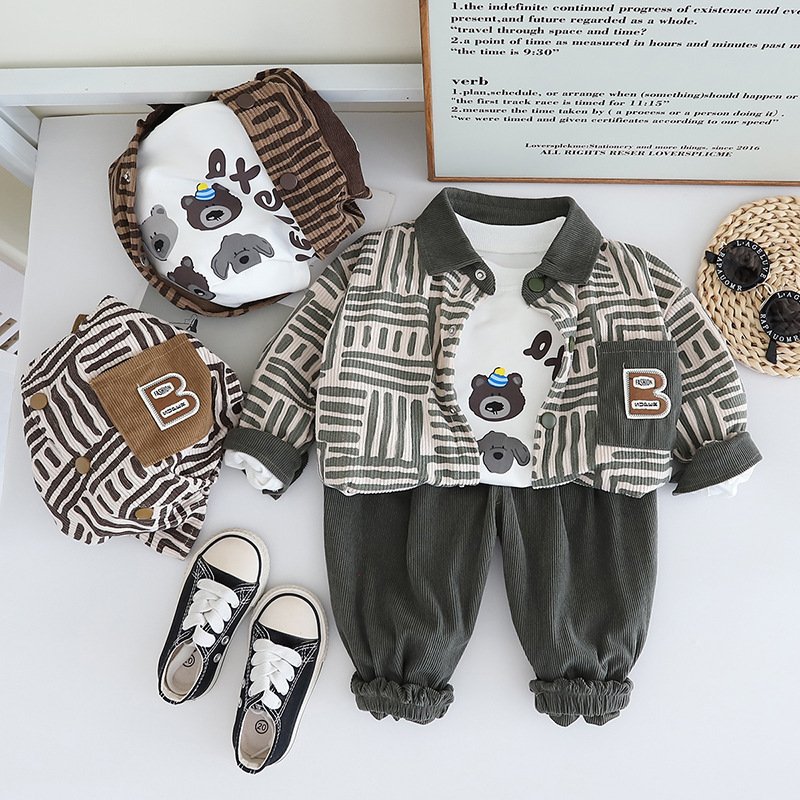 2024 Kids Stylish Spring Autumn Corduroy Outfits 3pcs Printed Fashion Boys Clothing Sets