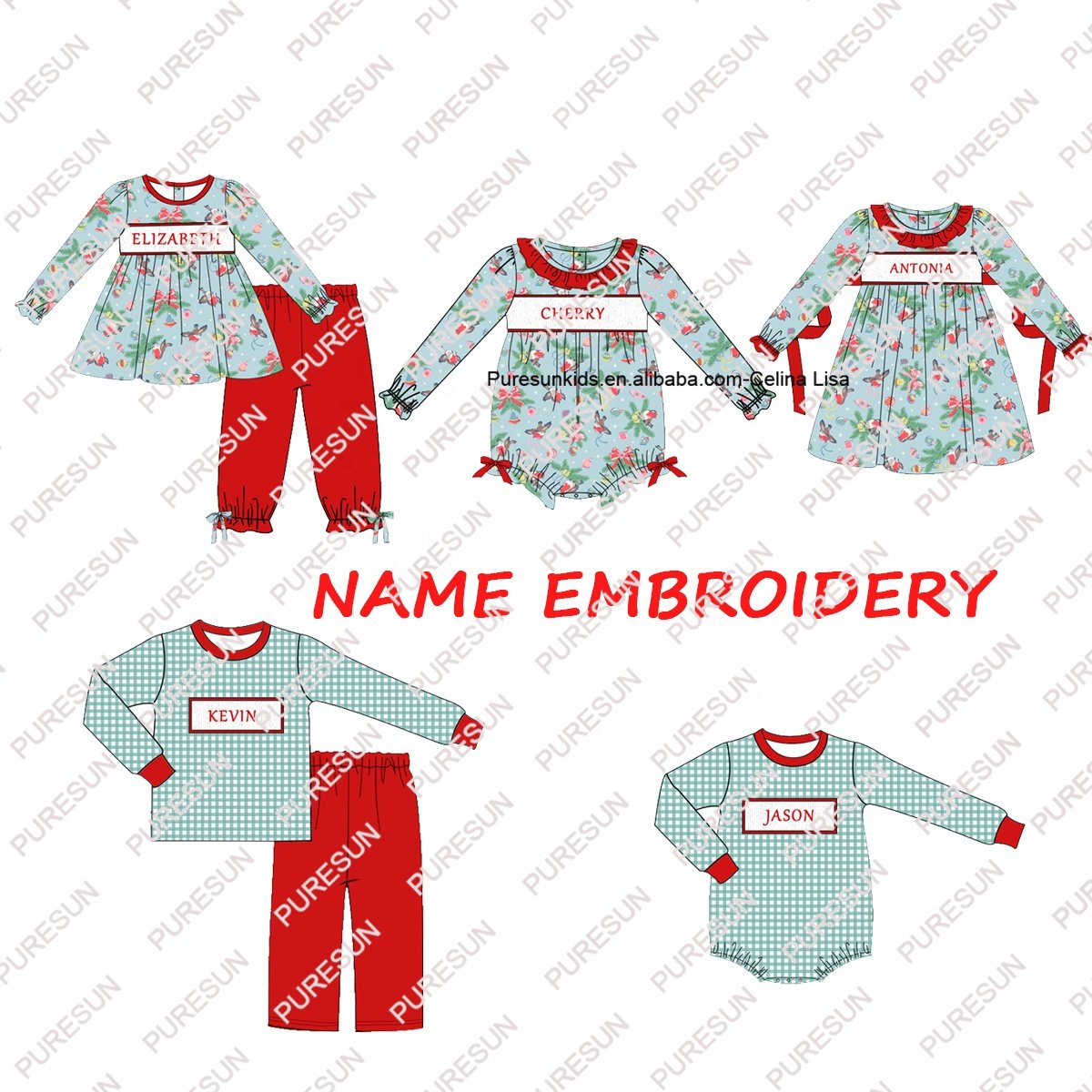 Wholesale kids clothing set baby boys Christmas gingham pajamas knitted cotton boys winter outfits with monogram name embroidery