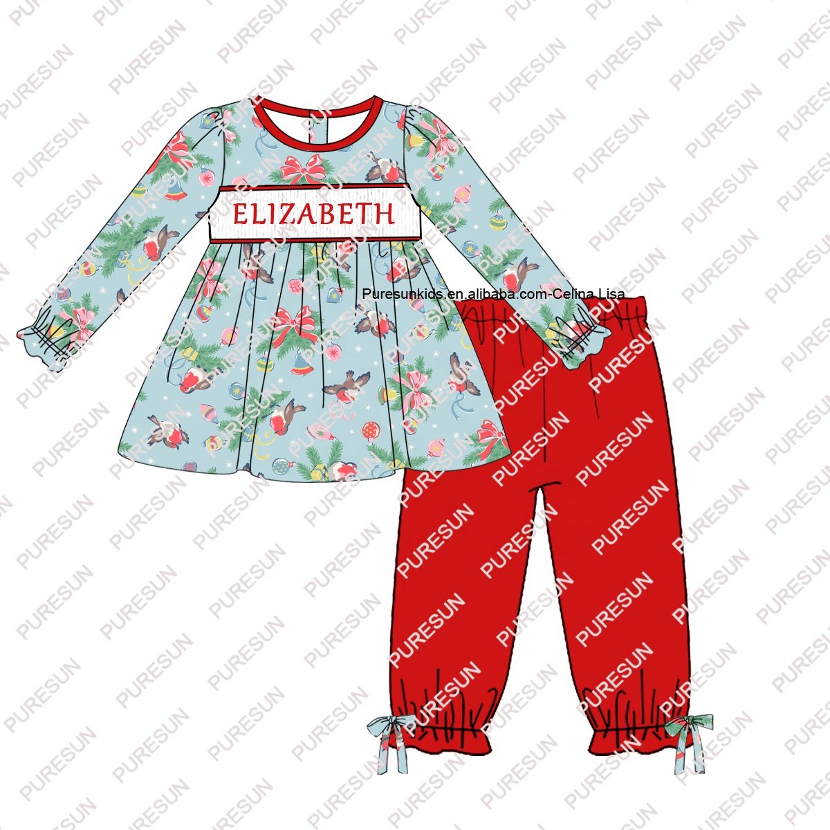 Wholesale kids clothing set baby boys Christmas gingham pajamas knitted cotton boys winter outfits with monogram name embroidery