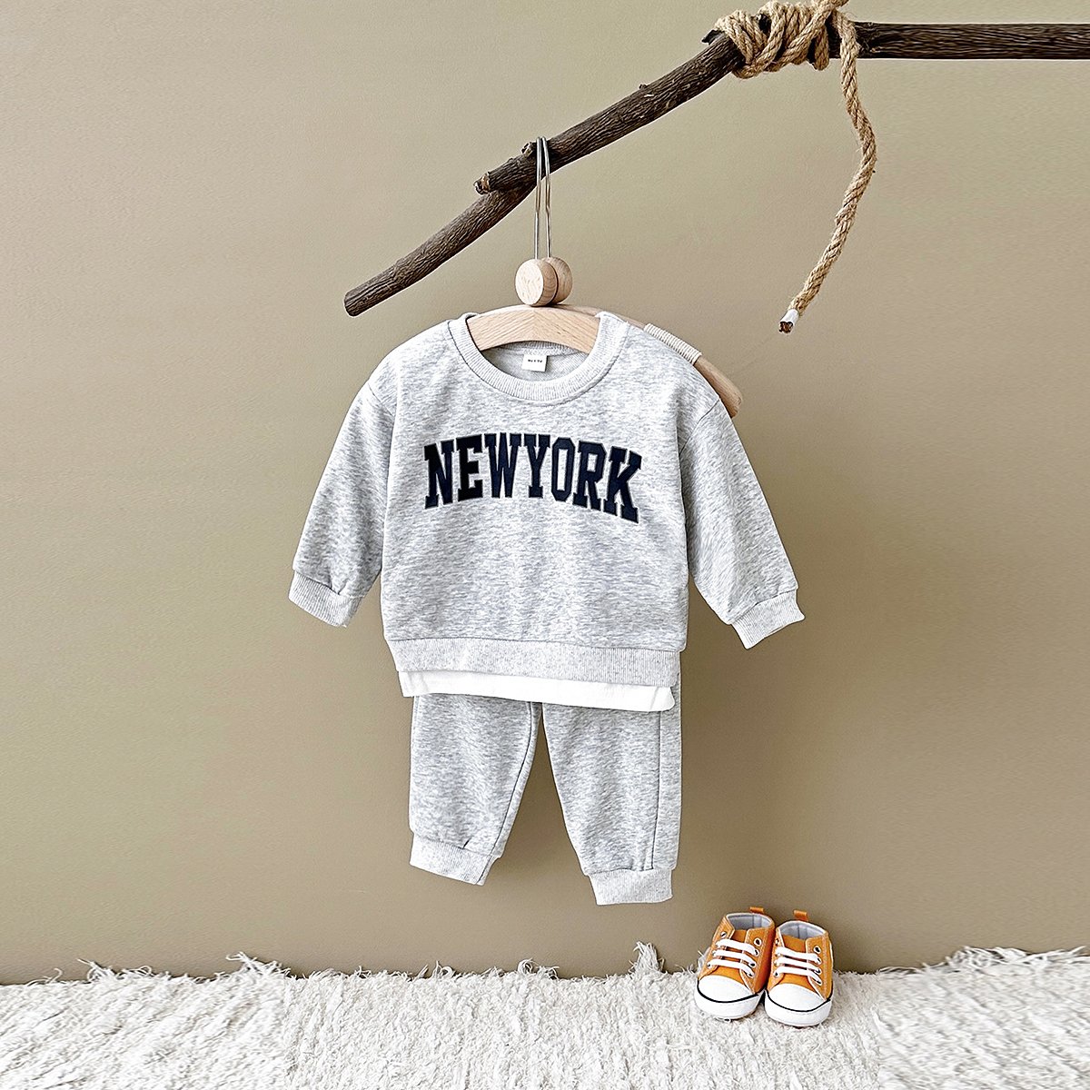 Autumn Baby Long Sleeve False 2pcs Hoodie Set Infant Letter Printing Clothes Newborn Cotton Top Set Wholesale