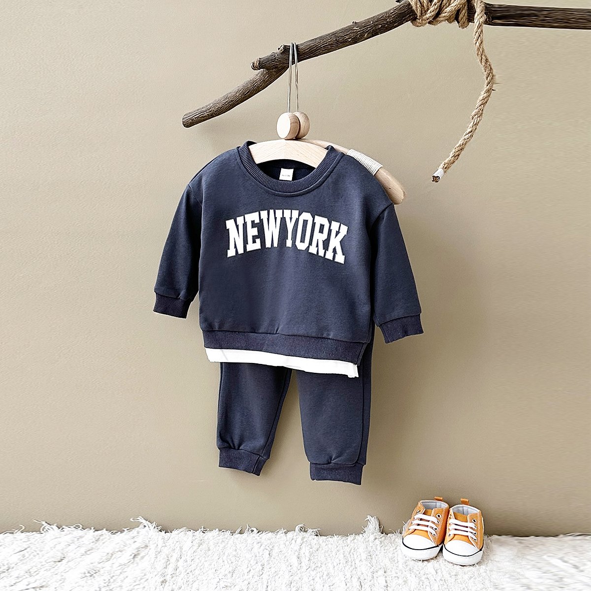 Autumn Baby Long Sleeve False 2pcs Hoodie Set Infant Letter Printing Clothes Newborn Cotton Top Set Wholesale