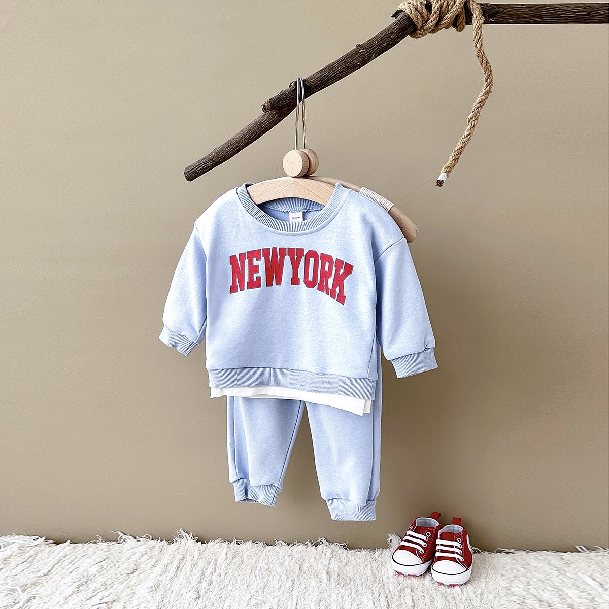 Autumn Baby Long Sleeve False 2pcs Hoodie Set Infant Letter Printing Clothes Newborn Cotton Top Set Wholesale