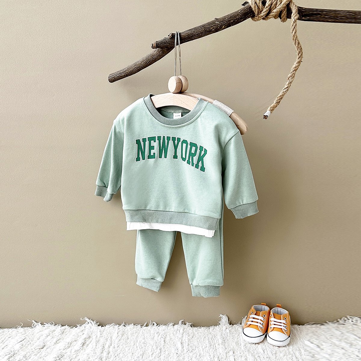 Autumn Baby Long Sleeve False 2pcs Hoodie Set Infant Letter Printing Clothes Newborn Cotton Top Set Wholesale
