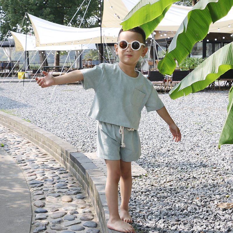 Promotional Custom Logo Children Outfits Short Sleeve Top With Pockets And Pant Solid Kids Summer Clothing Set