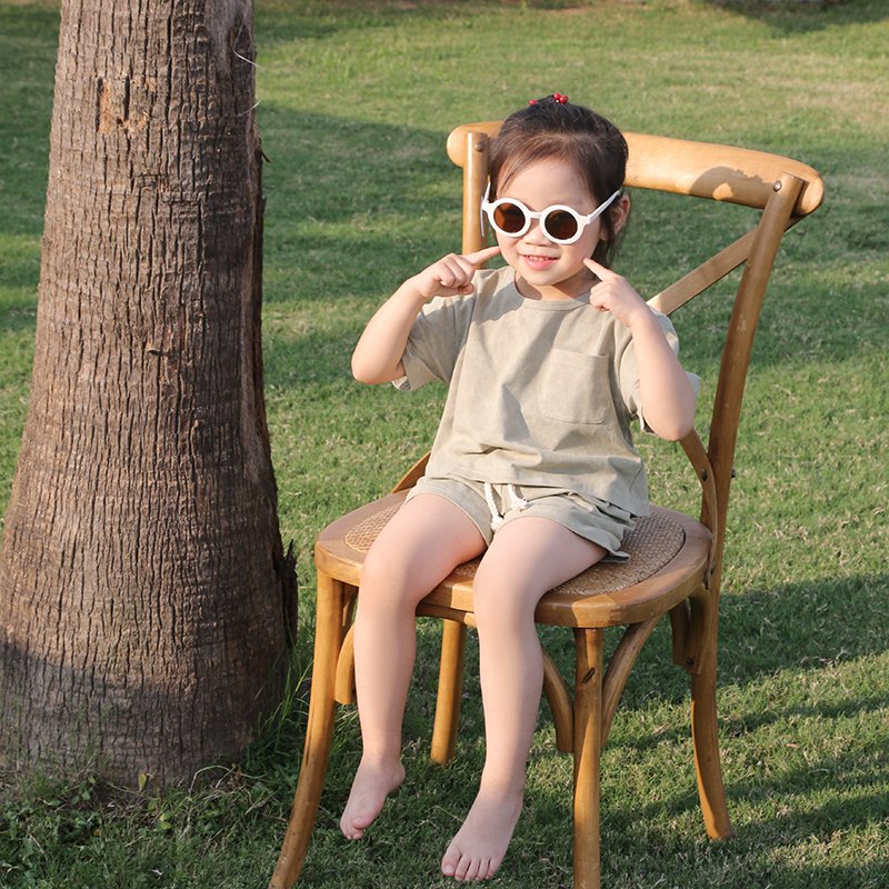 Promotional Custom Logo Children Outfits Short Sleeve Top With Pockets And Pant Solid Kids Summer Clothing Set