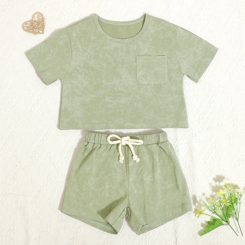 Promotional Custom Logo Children Outfits Short Sleeve Top With Pockets And Pant Solid Kids Summer Clothing Set