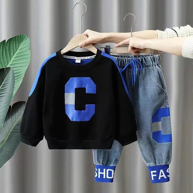 Baby Boys Clothes Sets Kids Letter Sweatshirt + Jean Pant 2pcs Suits 2024 Spring Autumn Children's Clothing Casual