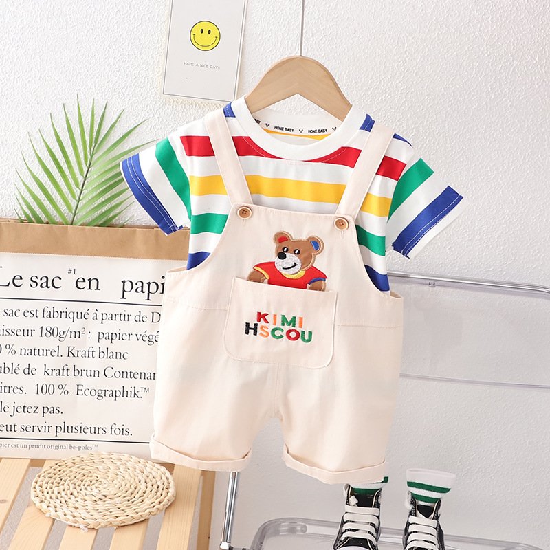 Boys summer clothes Boys 2 small children's clothes baby Summer 3 children one year old baby Bear suspenders short sleeve suit