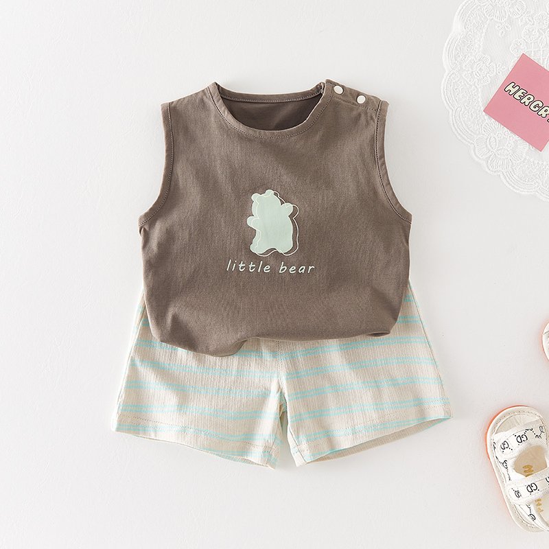 Boys Summer Casual Loose Clothing Set Bear Cupcake Print Embroidered Label Kids Tank Top Short Sleeves Shirt Shorts Cute Style
