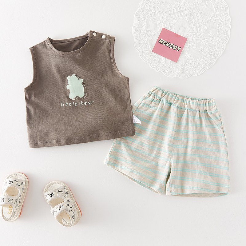 Boys Summer Casual Loose Clothing Set Bear Cupcake Print Embroidered Label Kids Tank Top Short Sleeves Shirt Shorts Cute Style