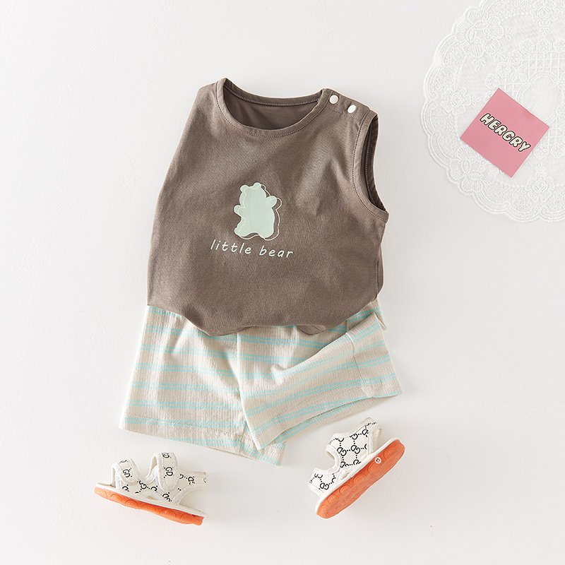 Boys Summer Casual Loose Clothing Set Bear Cupcake Print Embroidered Label Kids Tank Top Short Sleeves Shirt Shorts Cute Style