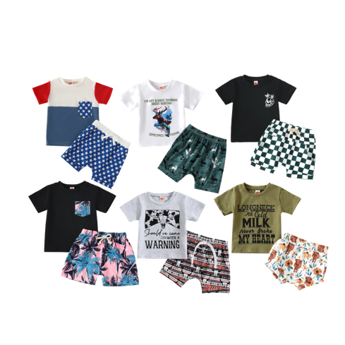 Wholesale Children Clothing cow boy design boys Clothes Sets Kids 2 Pcs Short Sets