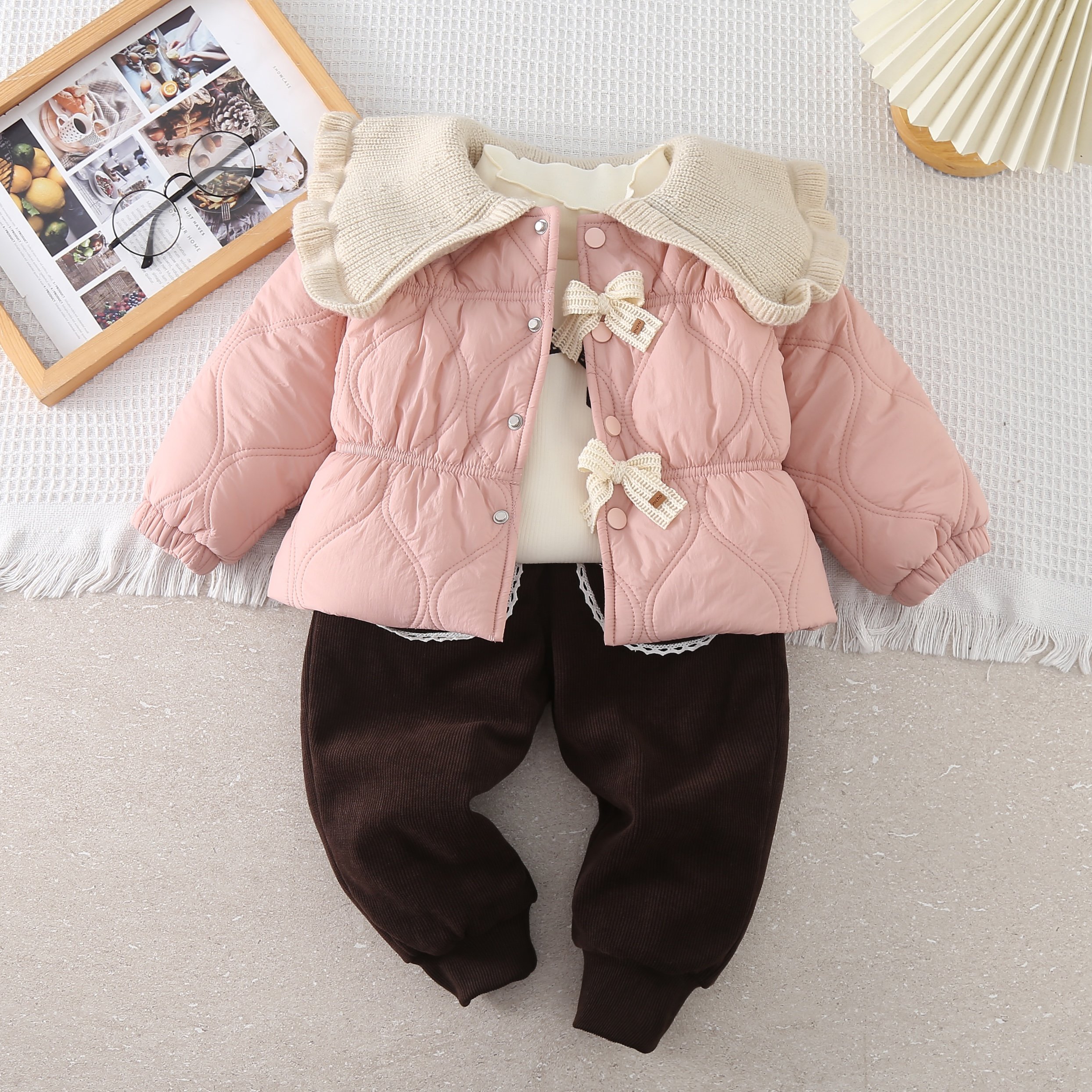 2024 Children's Winter Sweet Short Jacket Girls Thick Jacket Baby Girl Warm Cute Jacket Baby Girl Winter Three Piece Set