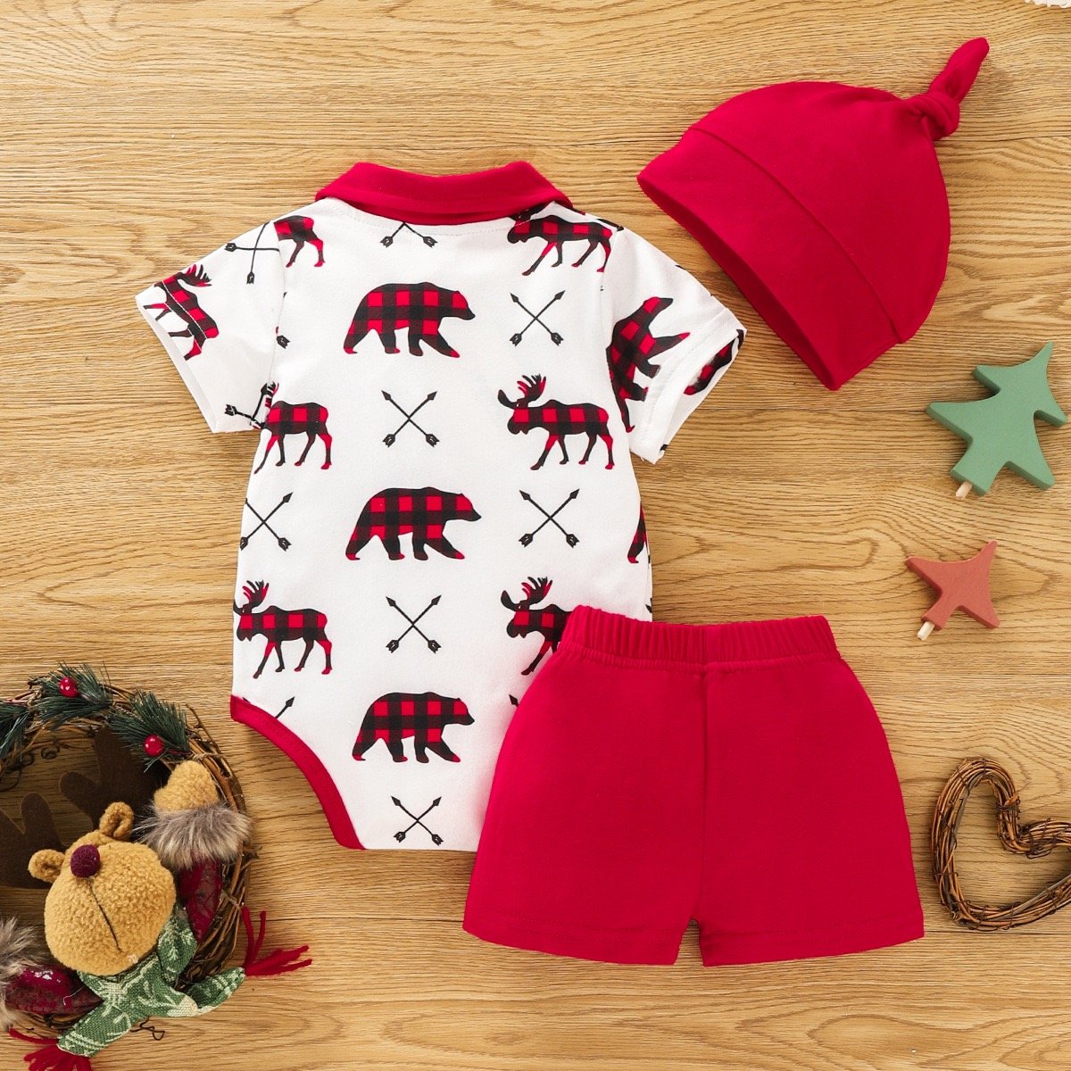 Christmas Children's Set Boys' Printed Short Sleeve Shirts baby Gentlemen's Three Piece Set