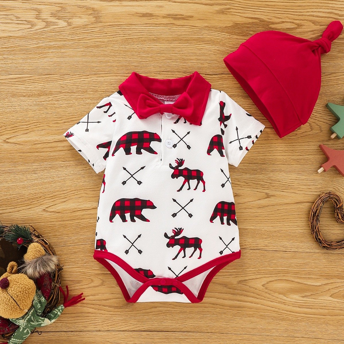 Christmas Children's Set Boys' Printed Short Sleeve Shirts baby Gentlemen's Three Piece Set