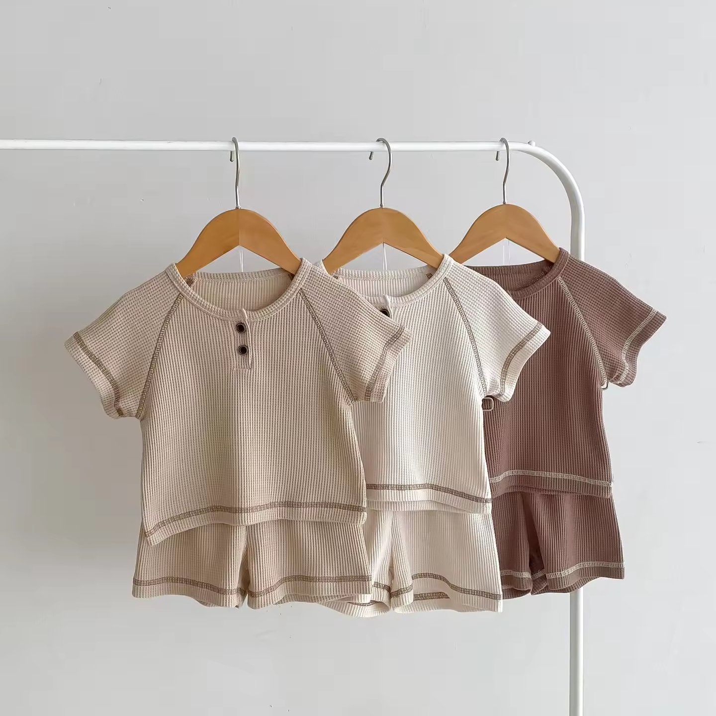 Summer Baby Tracksuit Boys And Girls Short Sleeved Set Kids Waffle Clothing Set