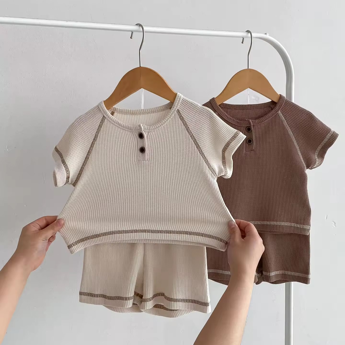Summer Baby Tracksuit Boys And Girls Short Sleeved Set Kids Waffle Clothing Set