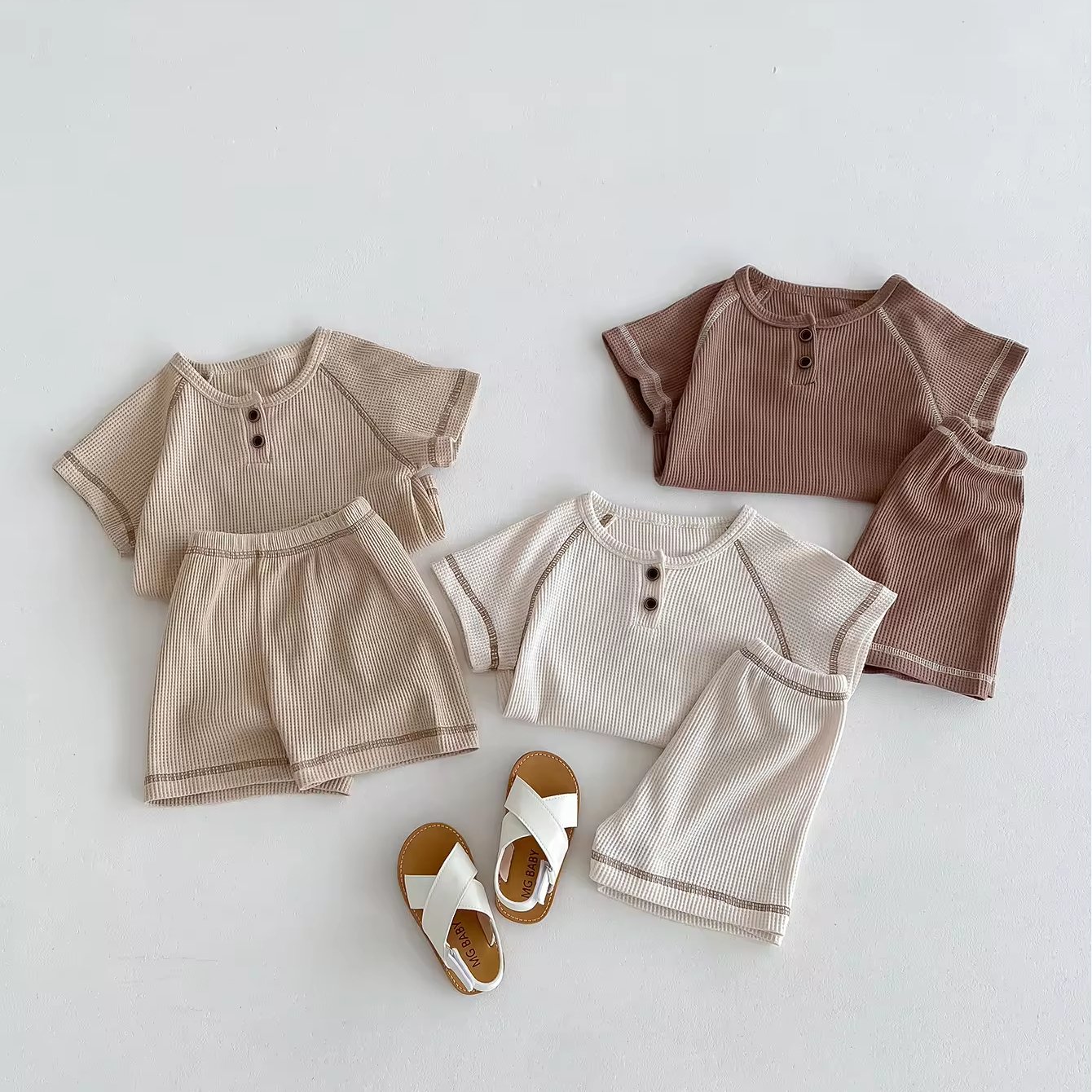 Summer Baby Tracksuit Boys And Girls Short Sleeved Set Kids Waffle Clothing Set