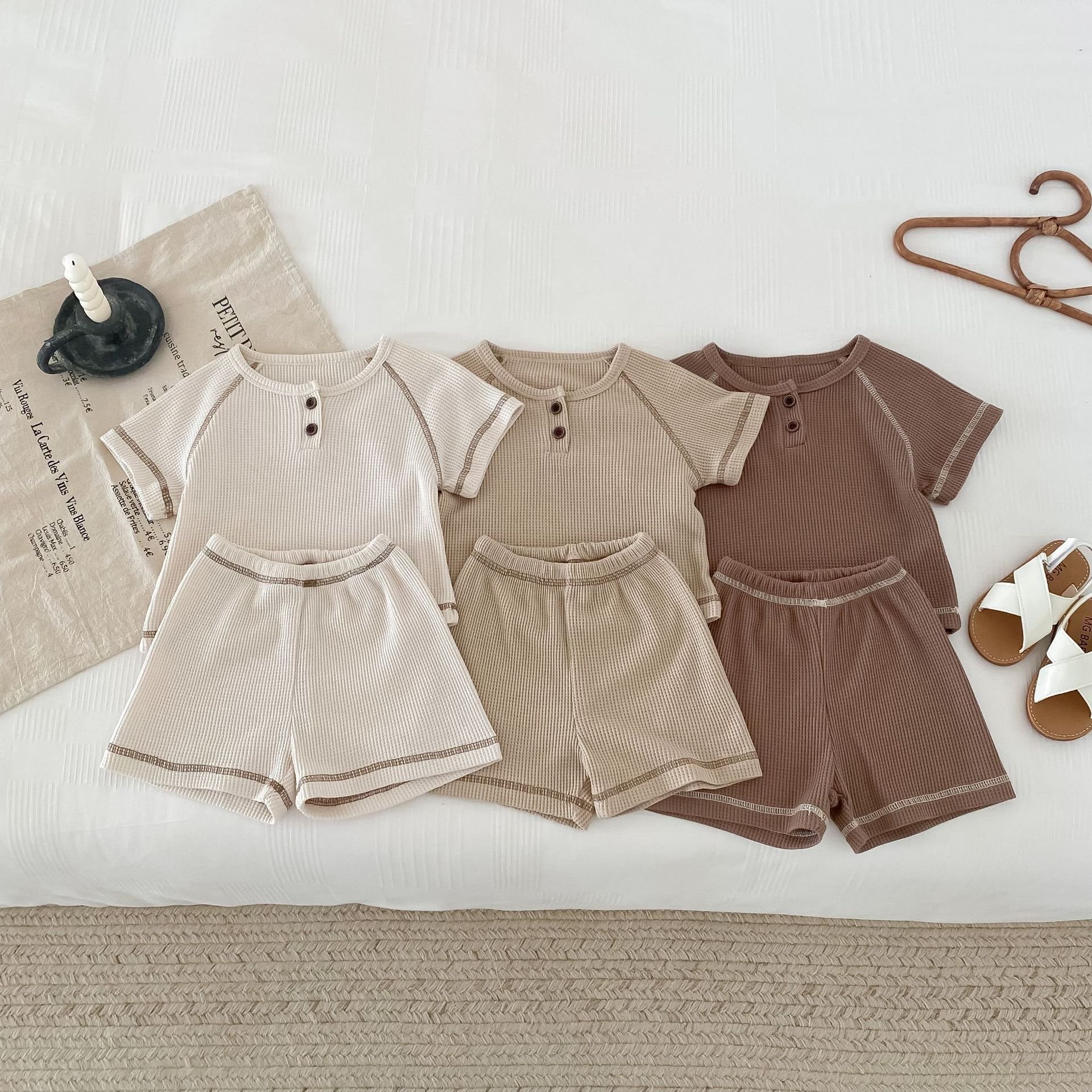 Summer Baby Tracksuit Boys And Girls Short Sleeved Set Kids Waffle Clothing Set