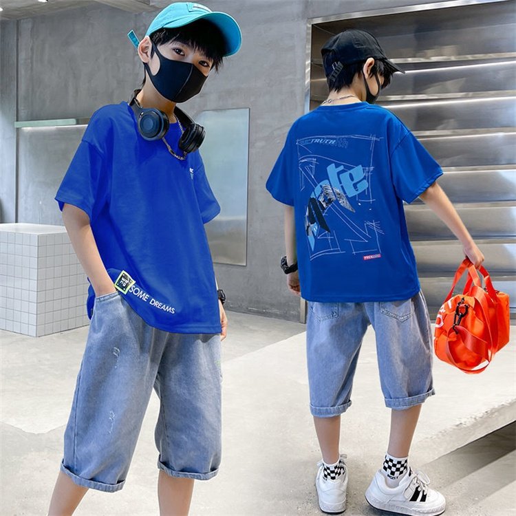 Causal Summer Short Sleeves Jean Pants Big Kids Clothes Boys Fashion Handsome Green Boys Clothing Sets