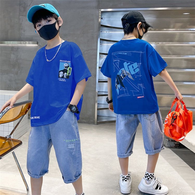 Causal Summer Short Sleeves Jean Pants Big Kids Clothes Boys Fashion Handsome Green Boys Clothing Sets