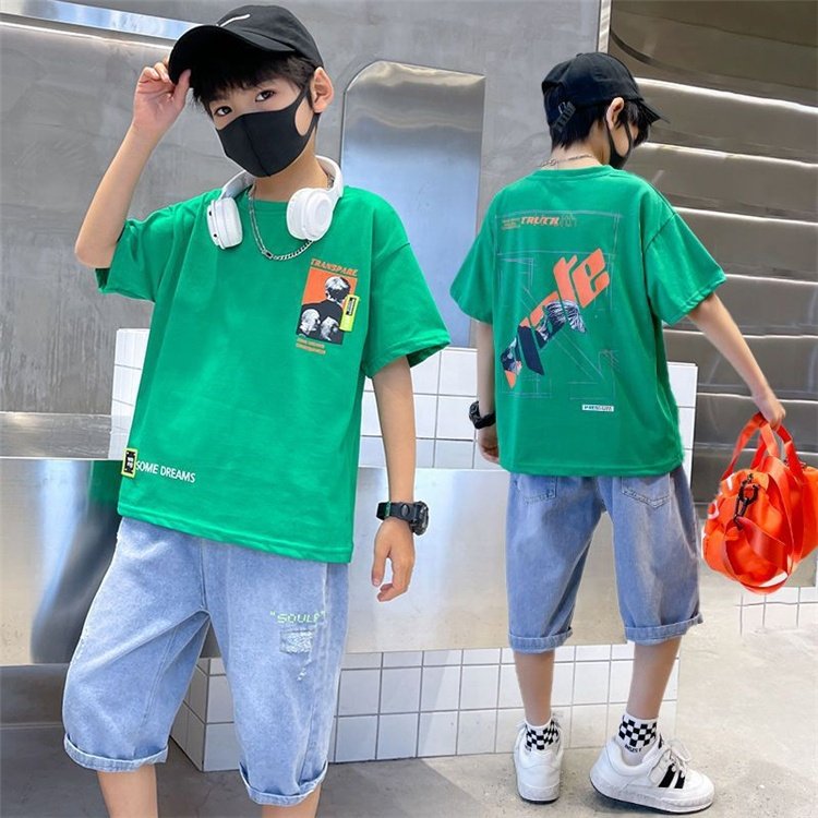 Causal Summer Short Sleeves Jean Pants Big Kids Clothes Boys Fashion Handsome Green Boys Clothing Sets