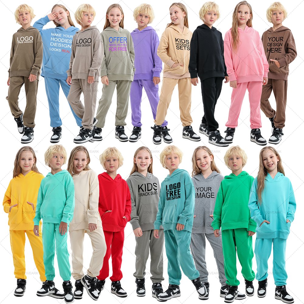 2023 350G 95% Heavy Weight Loose Cotton Fleece Kids Plain Children's Girl Boy's Clothing Supplier Hoodies Tracksuit Jogger Sets
