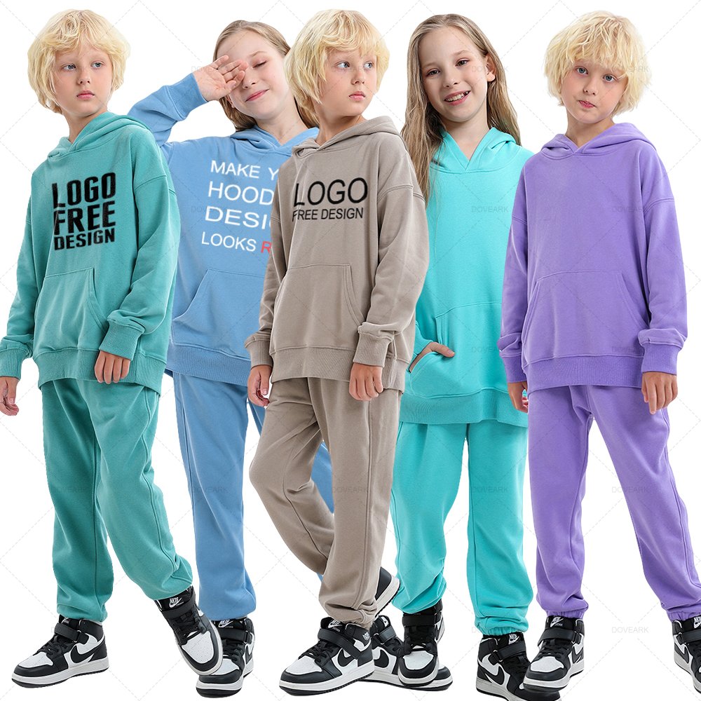 2023 350G 95% Heavy Weight Loose Cotton Fleece Kids Plain Children's Girl Boy's Clothing Supplier Hoodies Tracksuit Jogger Sets