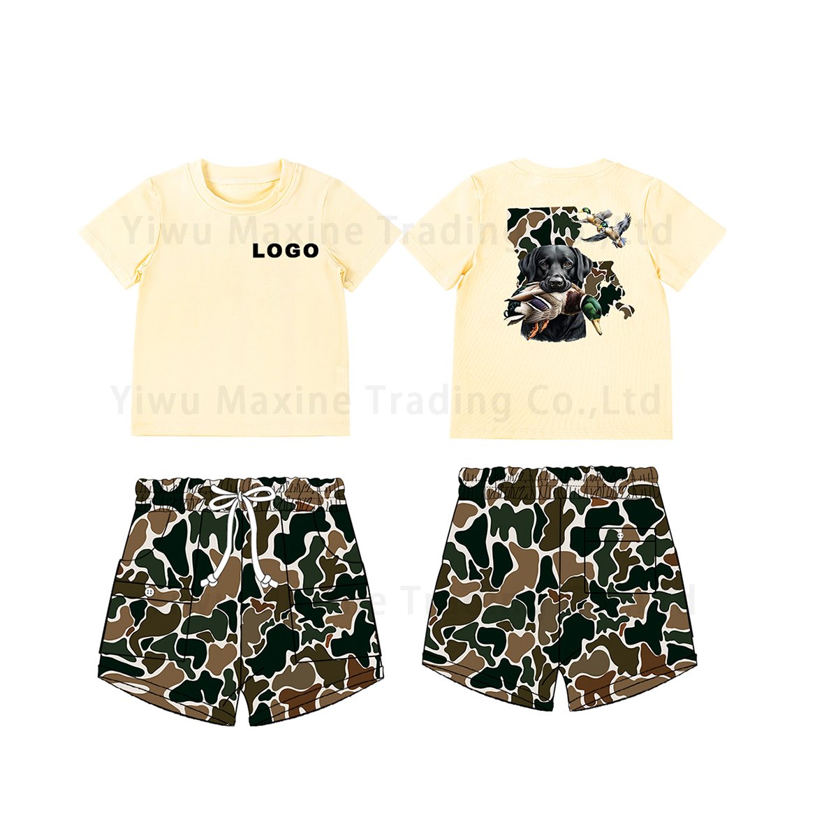 Low Moq customization boys clothing black camo pattern hot stamping shirt boys clothing sets custom casual cargo shorts clothes