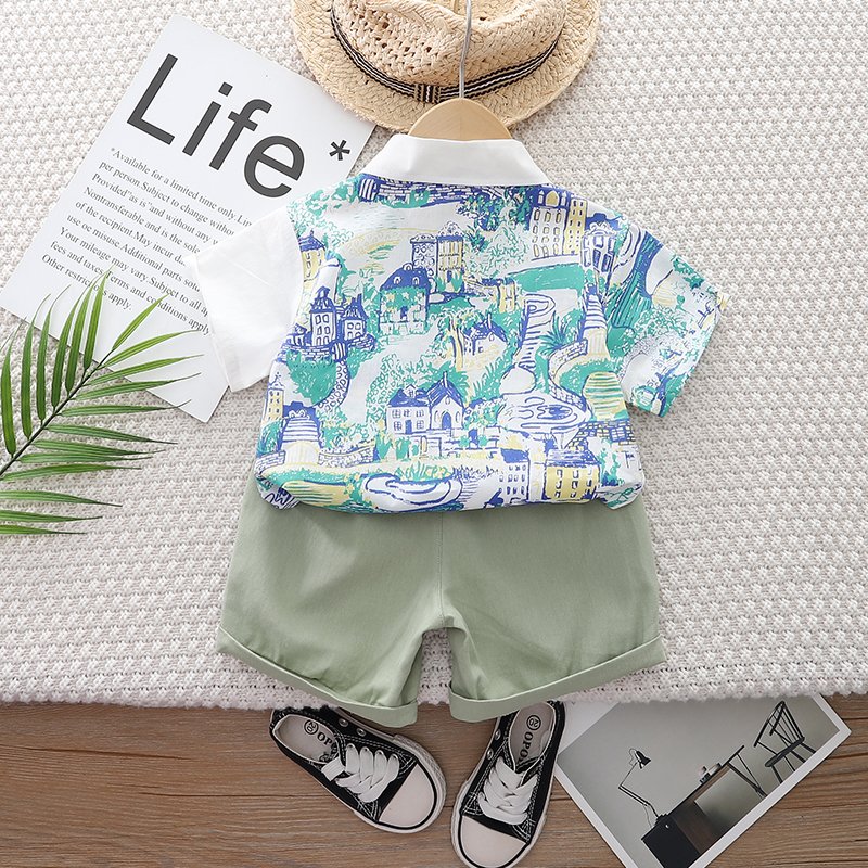 2024 Boys' Cotton Summer Printed Casual Shirt and Plain Elastic Waist Casual Shorts Set, Suitable for Children Aged 5-6