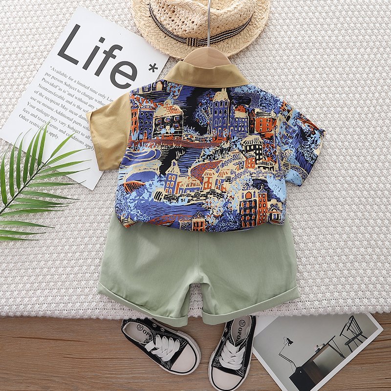 2024 Boys' Cotton Summer Printed Casual Shirt and Plain Elastic Waist Casual Shorts Set, Suitable for Children Aged 5-6