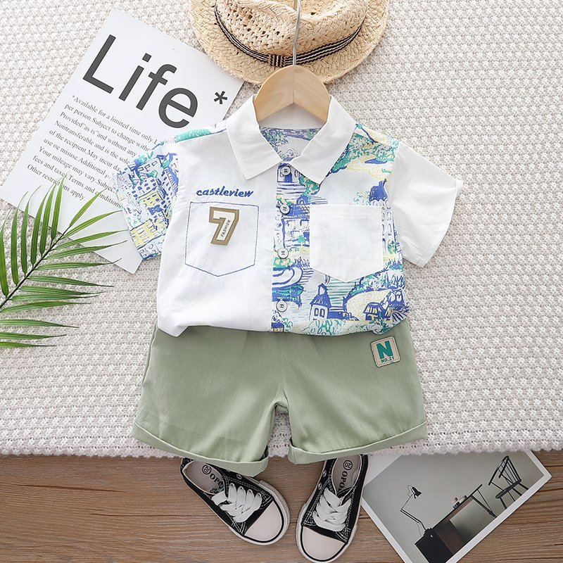 2024 Boys' Cotton Summer Printed Casual Shirt and Plain Elastic Waist Casual Shorts Set, Suitable for Children Aged 5-6