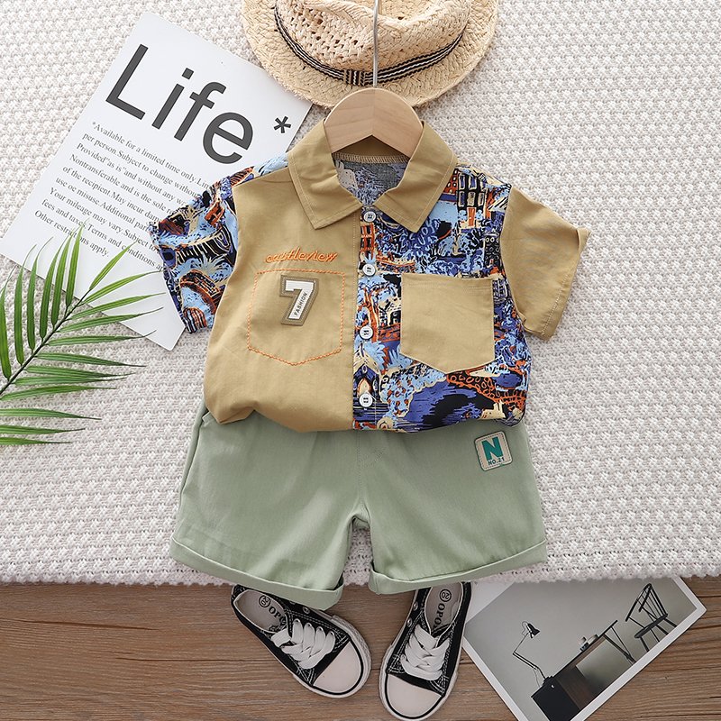 2024 Boys' Cotton Summer Printed Casual Shirt and Plain Elastic Waist Casual Shorts Set, Suitable for Children Aged 5-6